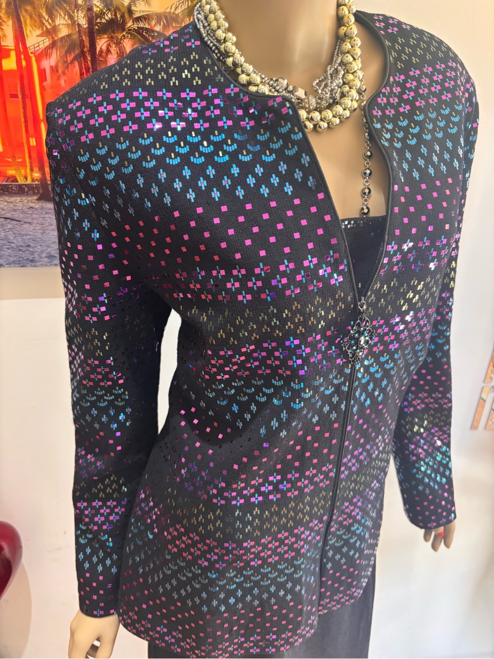 St. John Black Zip Jacket Pink Green 12 L blazer embellished paillettes twinset